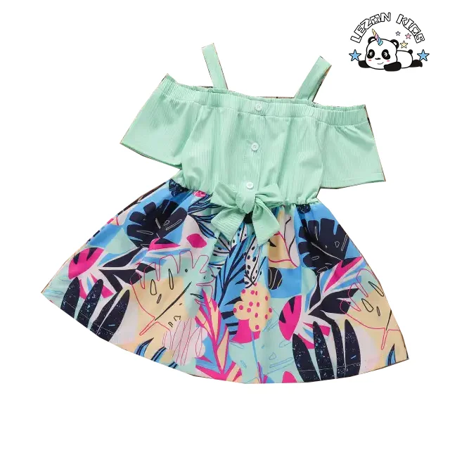 LEZONKIDS - Custom Summertime Installs New Fund Children's Outfit Melting Dew Shoulder Condole Belt Bowknot Girl's Dress